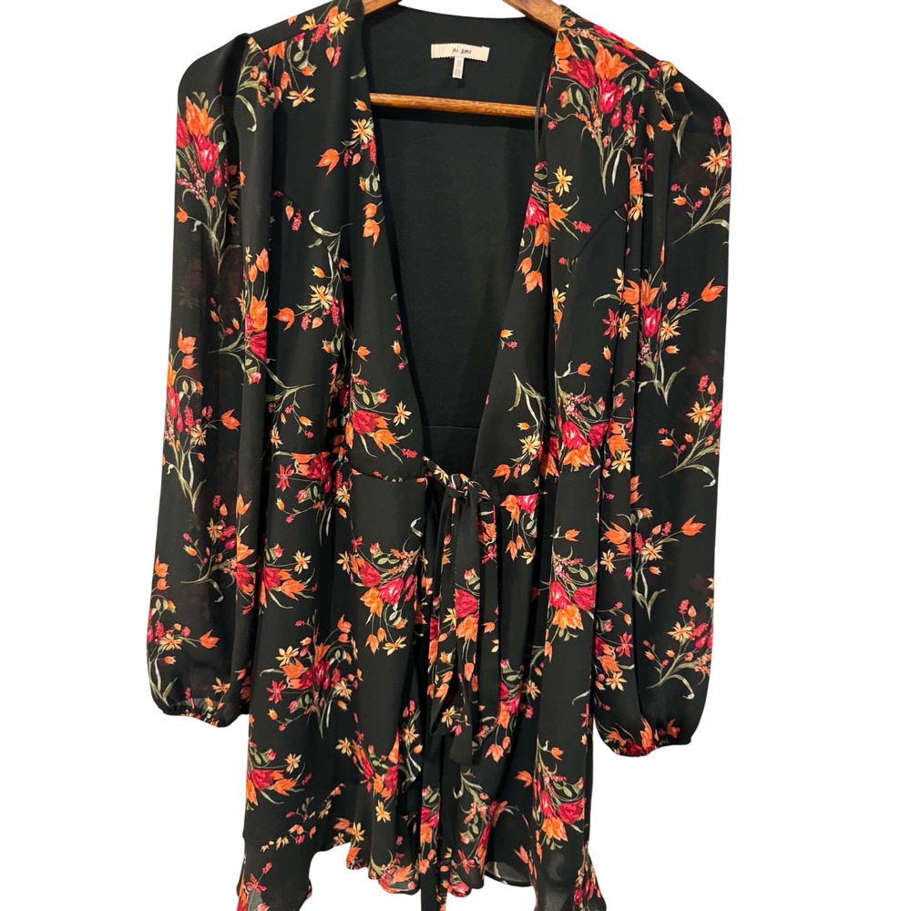 Mi Ami Floral Mini Dress Womens XXS Black Orange Saturn R36 Excellent Boho Tie